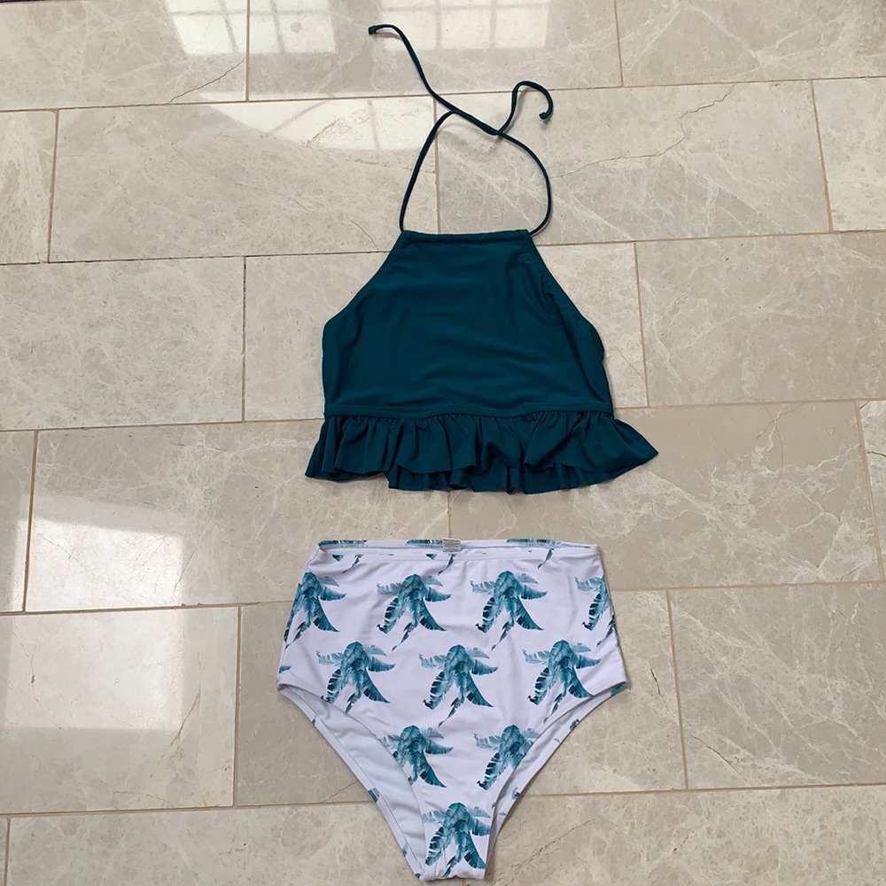 SHEIN teal tie top, palm tree high waisted bottoms